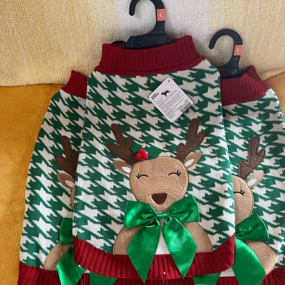 ONE More & Merrier Christmas Green And Red Reindeer Pet Sweater L